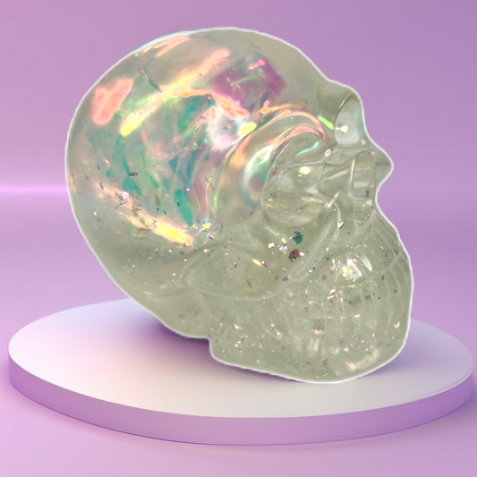 Clear Iridescent Glitter Liquid Core Snow Globe Skull Decoration