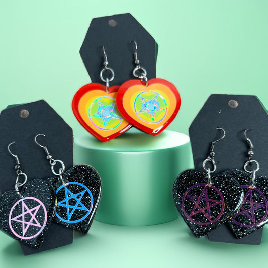 Holographic Pentagram Heart Earrings